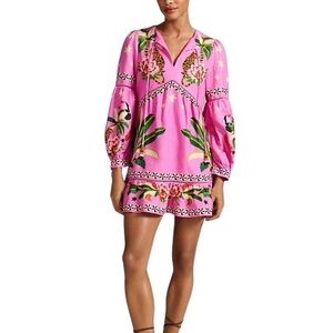 FARM RIO Leopard Forest Beaded Tassel Tie Mini Dress Size XS in Pink Print